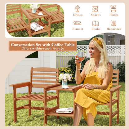 Juego de conversación de madera para patio exterior de 2 asientos con mesa de centro y agujero para sombrilla