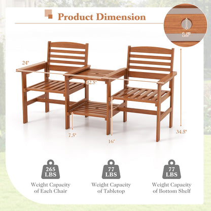 Juego de conversación de madera para patio exterior de 2 asientos con mesa de centro y agujero para sombrilla