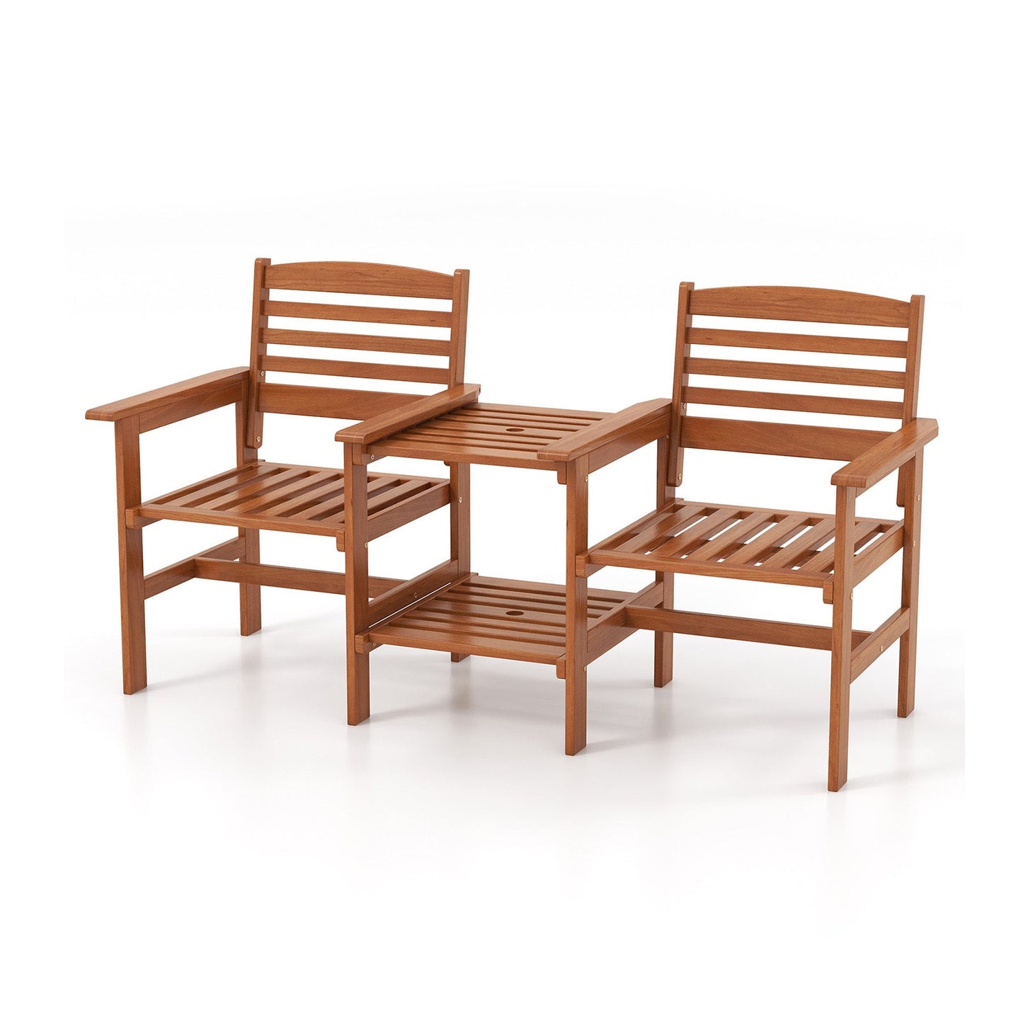 Juego de conversación de madera para patio exterior de 2 asientos con mesa de centro y agujero para sombrilla