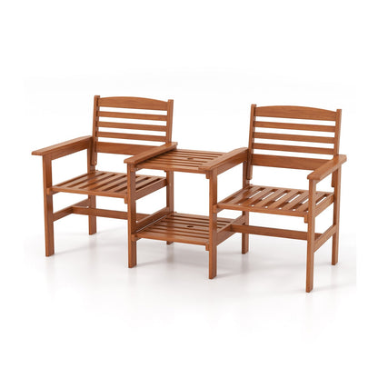 Juego de conversación de madera para patio exterior de 2 asientos con mesa de centro y agujero para sombrilla