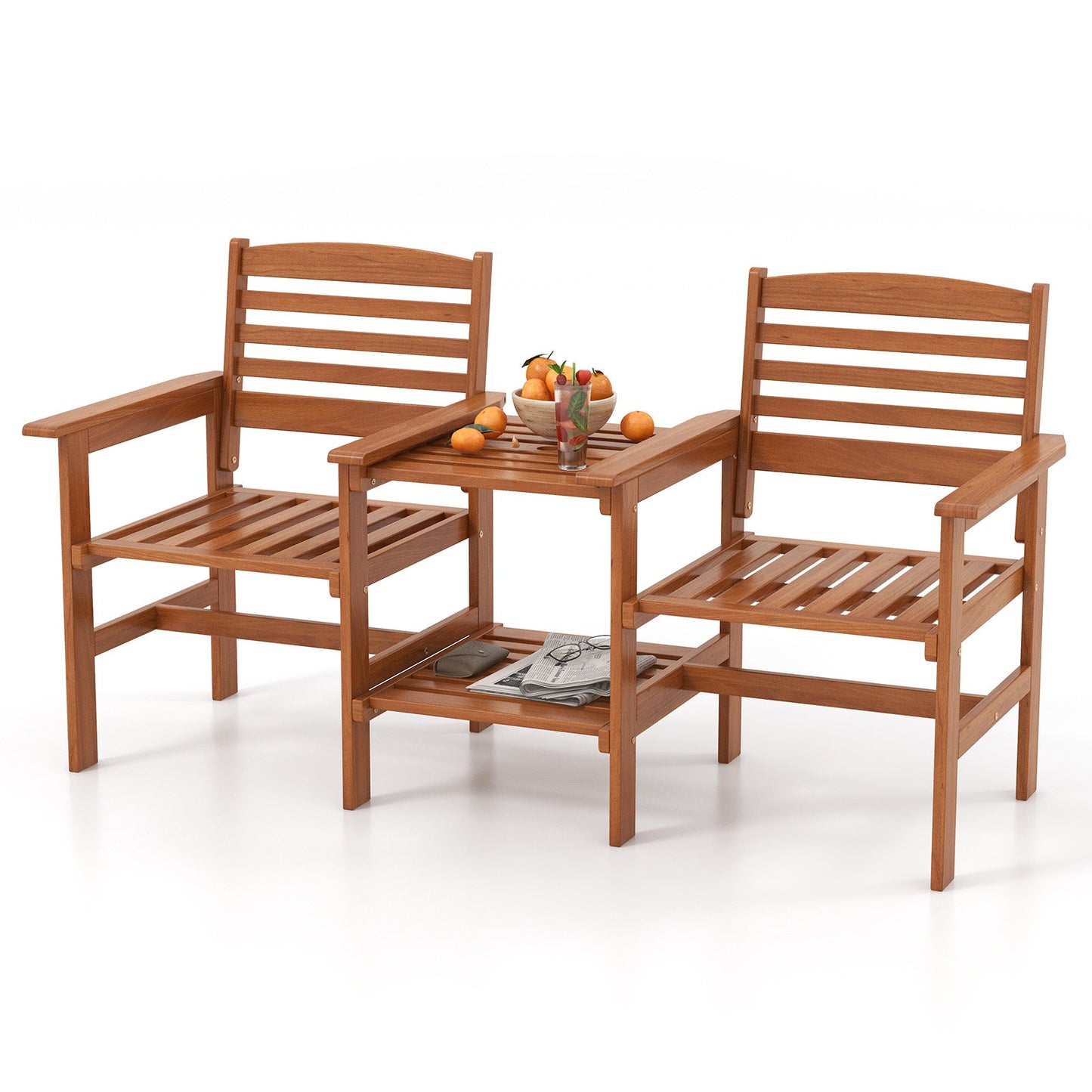 Juego de conversación de madera para patio exterior de 2 asientos con mesa de centro y agujero para sombrilla