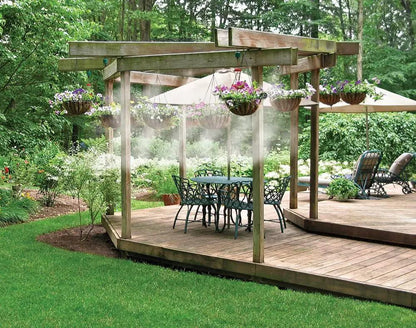 Brass and stainless steel misting nozzle 5-pack Orbit Irrigation on a wooden pergola deck on Tampa Home & Garden Store