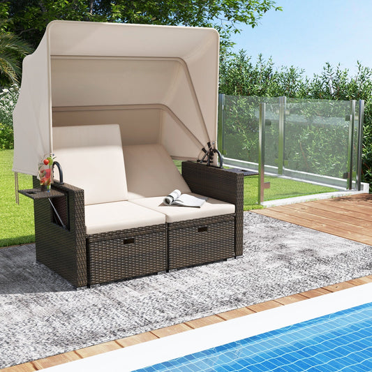 Outdoor Patio Rattan Daybed with Retractable Canopy and Adjustable Backrests-Beige - Tampa Home & Garden Store