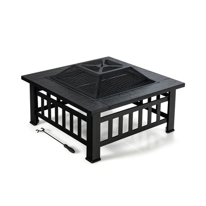 GemGear 32 Inch outdoor square fire pit table with pyramid mesh lid and grill, black with poker on Tampa Home & Garden Store