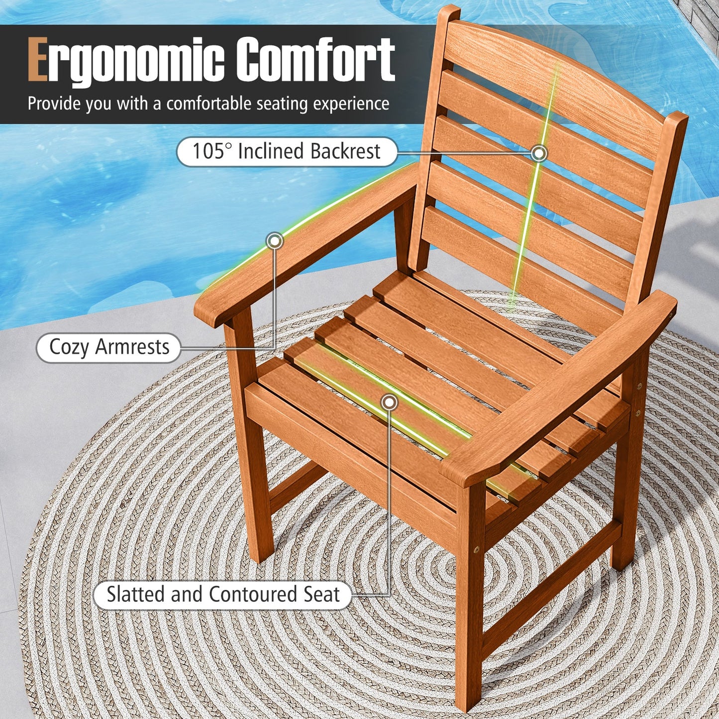 Outdoor Wooden Dining Chairs with Inclined Backrests and Slatted Seats