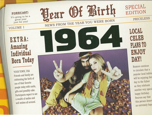 Birthday Card Year of Birth 1964 Celebration vintage newspaper by The Country Christmas Loft on Tampa Home & Garden Store
