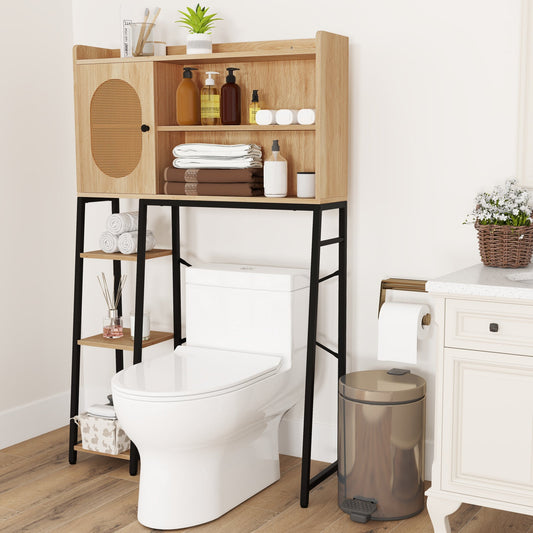 Over The Toilet Storage Cabinet with PE Rattan Door and Open Storage Shelves-Natural - Tampa Home & Garden Store