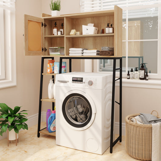Over The Toilet Storage Cabinet with PE Rattan Door and Open Storage Shelves-Natural - Tampa Home & Garden Store