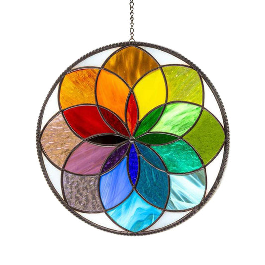 Glass flower wind spinner STDEJS652DP by Stevvex, multicolor stained-glass petals for garden on Tampa Home & Garden Store