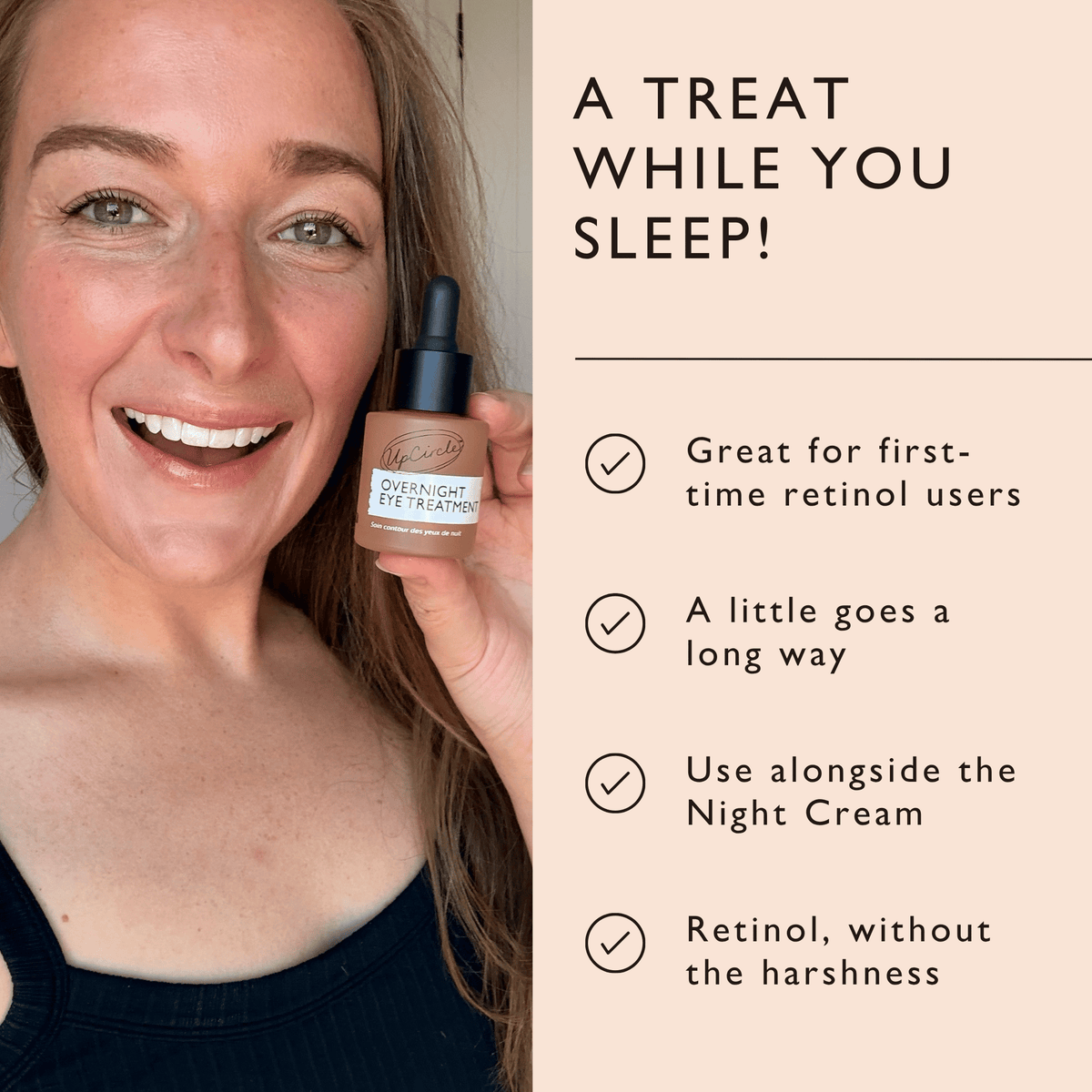 Smiling woman holds UpCircle Overnight Eye Treatment retinol exosomes bottle beige dropper cream on Tampa Home & Garden Store