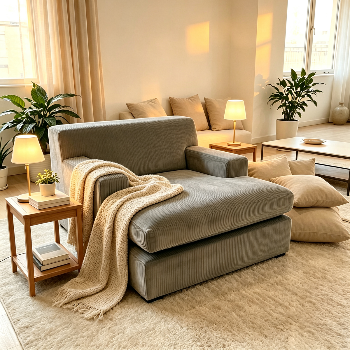 Oversized corduroy L-shaped modular sofa with chaise lounge and beige throw pillows on Tampa Home & Garden Store