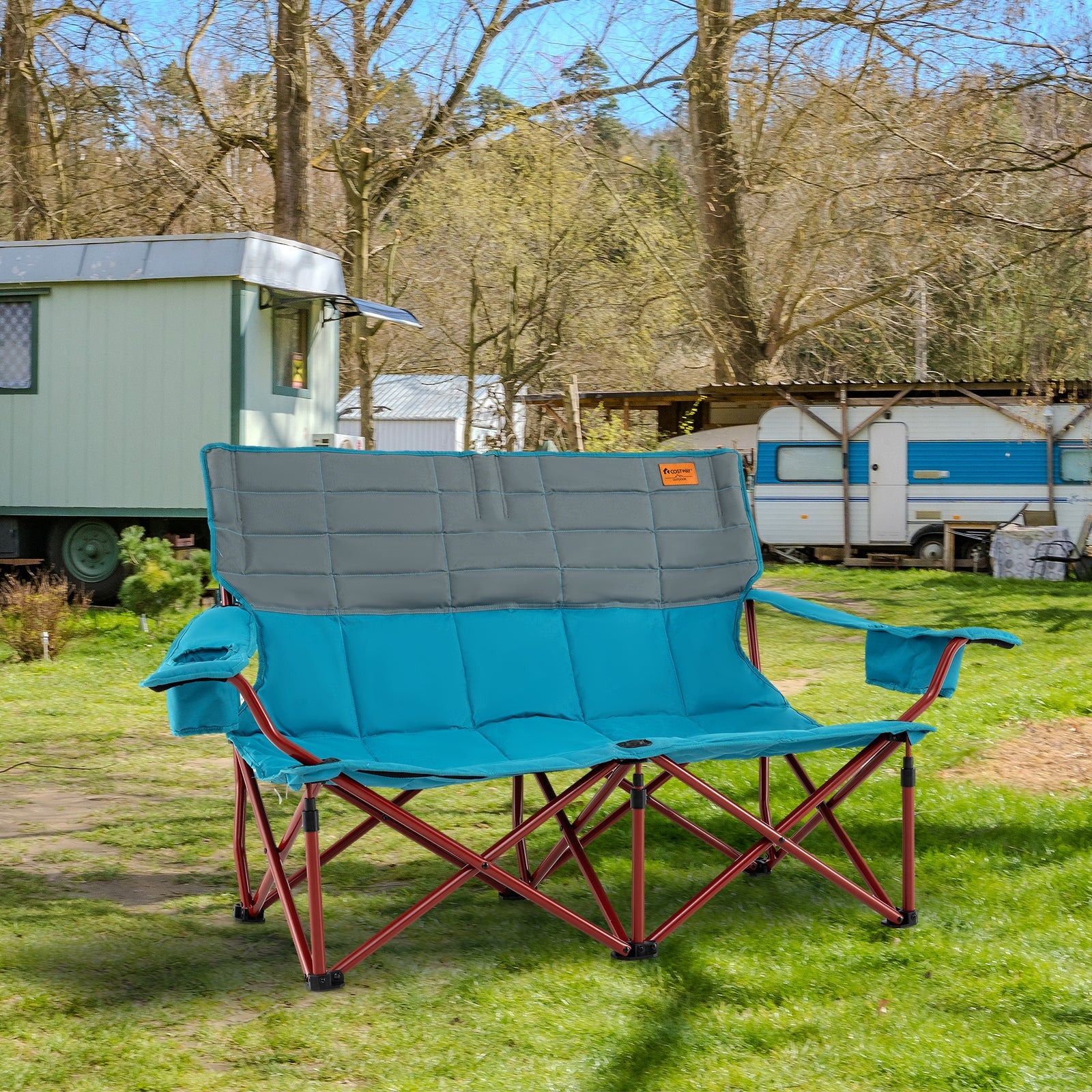 GemGear oversized camping chair loveseat in turquoise blue with red frame on Tampa Home & Garden Store