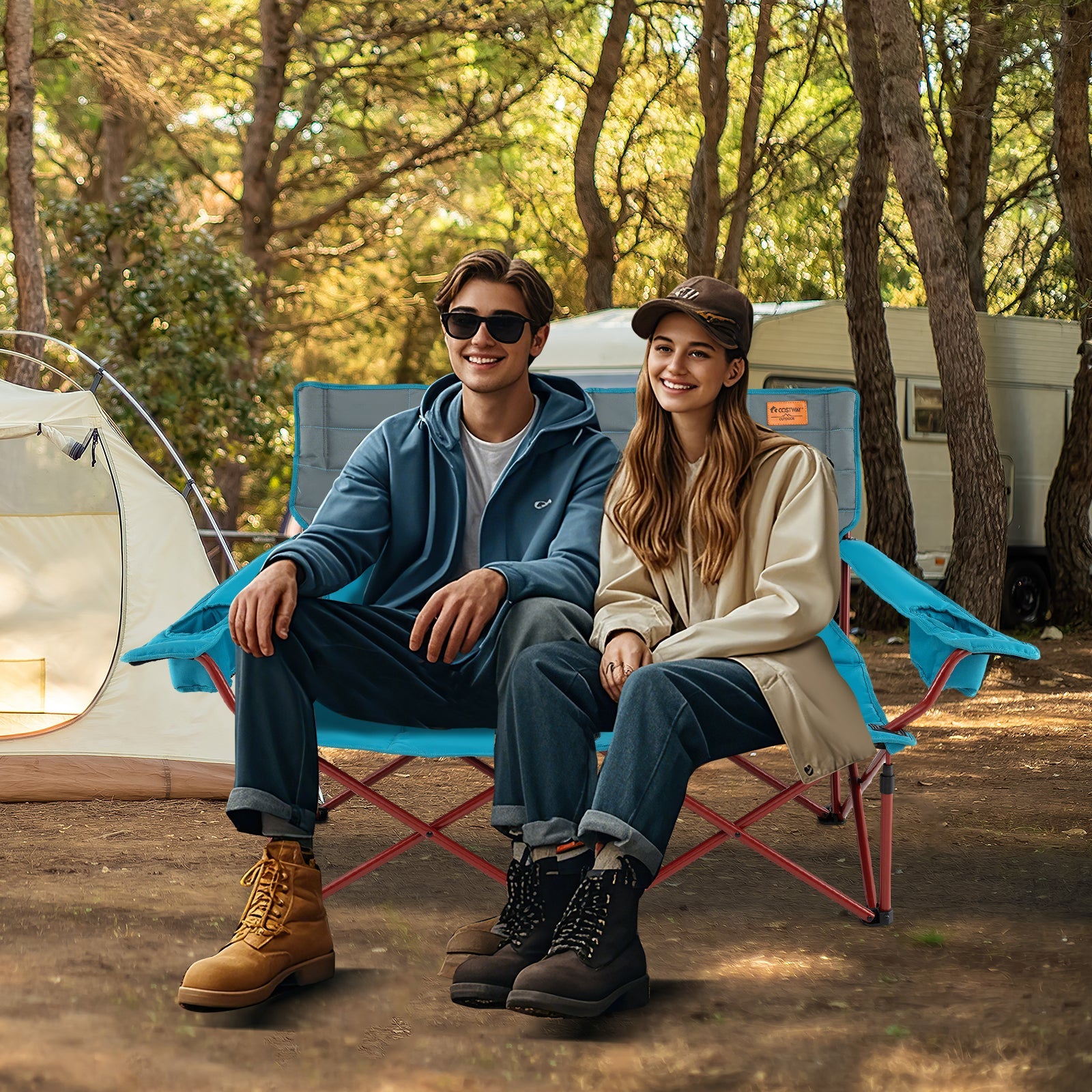 GemGear oversized folding camping loveseat in blue with cup holders and thick padding on Tampa Home & Garden Store