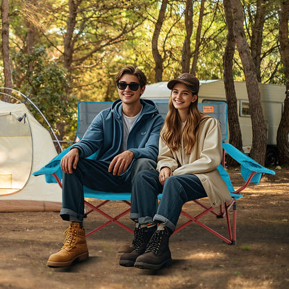 GemGear oversized folding camping loveseat in blue with cup holders and thick padding on Tampa Home & Garden Store