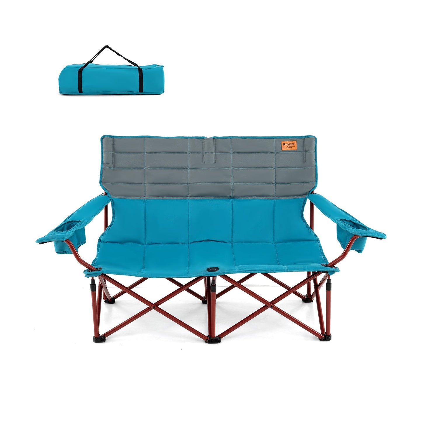 GemGear teal camping loveseat chair with thick padded gray back, folding design, and cup holders on Tampa Home & Garden Store