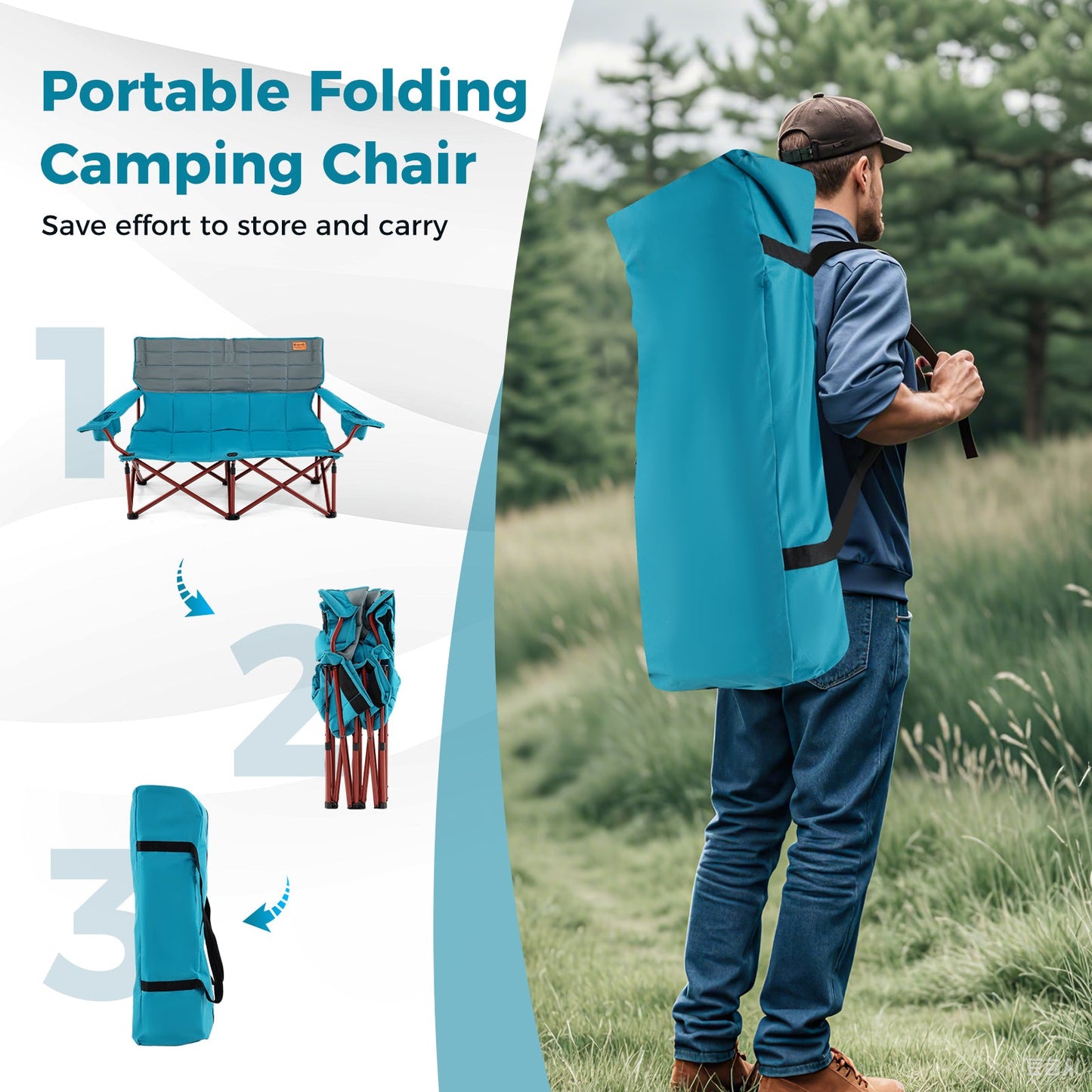 GemGear oversized folding camping chair loveseat in teal with thick padding and cup holders on Tampa Home & Garden Store