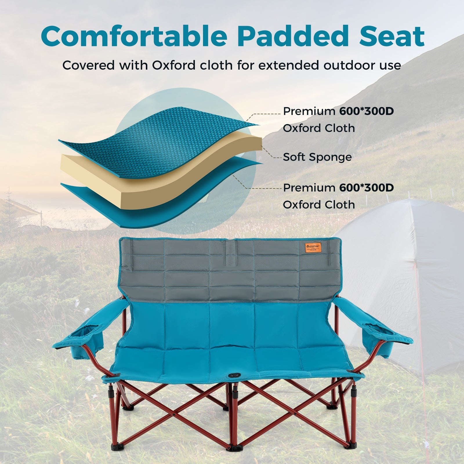 Oversized GemGear camping loveseat chair with cup holders and thick padding in teal blue on Tampa Home & Garden Store