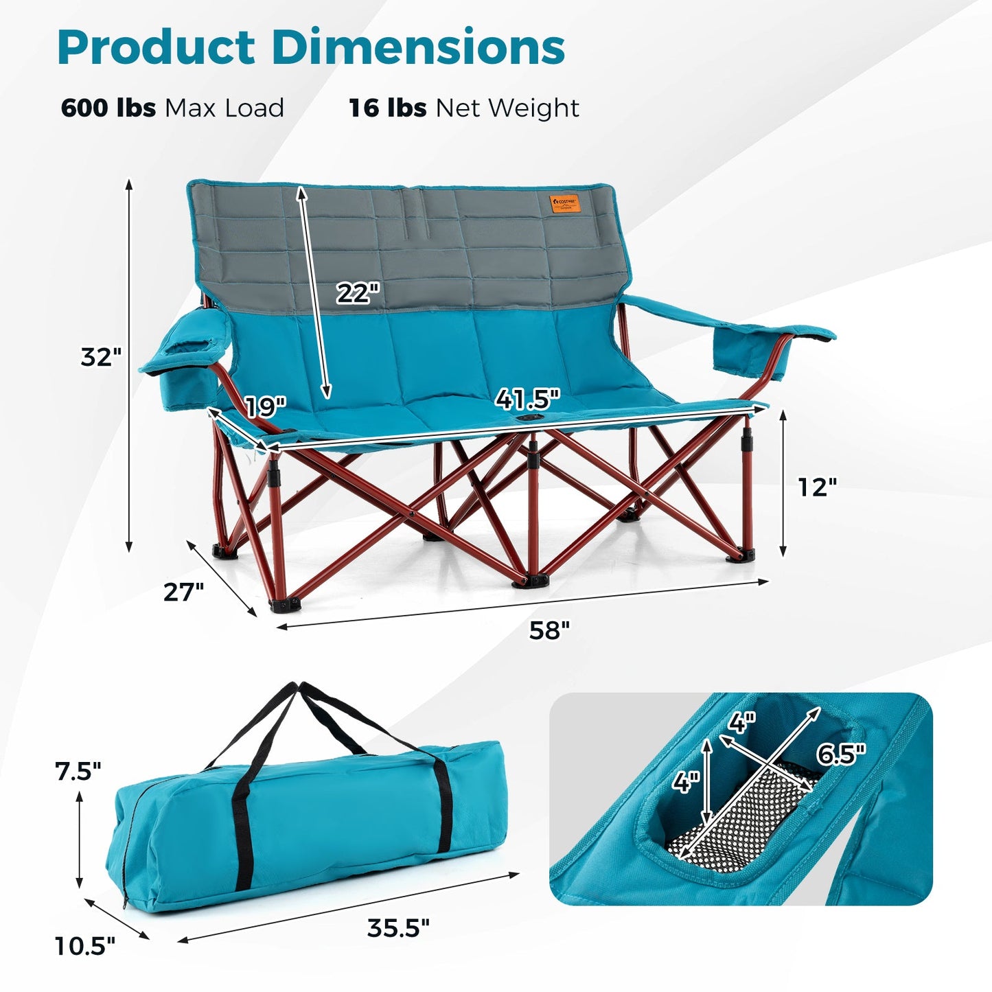 GemGear oversized camping chair folding loveseat in teal with cup holders and thick padding on Tampa Home & Garden Store