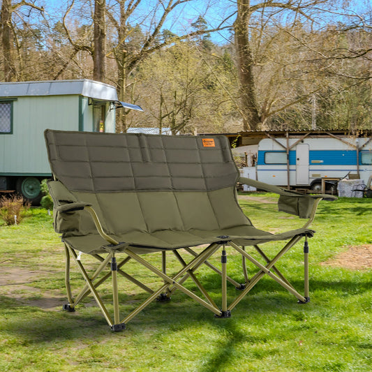 Oversized camping chair loveseat by GemGear with cup holders and thick padding in green on Tampa Home & Garden Store