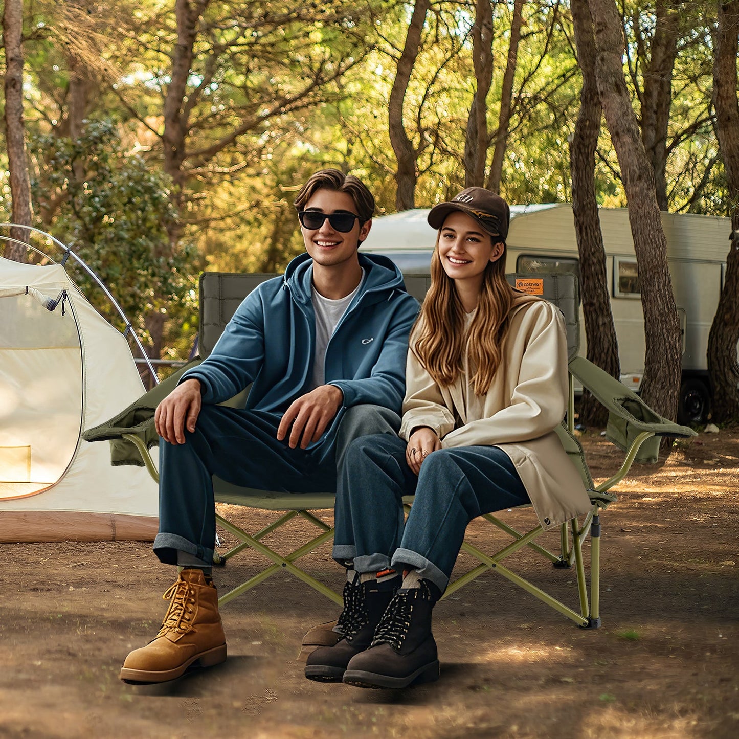 GemGear oversized camping chair loveseat with cup holders and thick padding in olive green on Tampa Home & Garden Store
