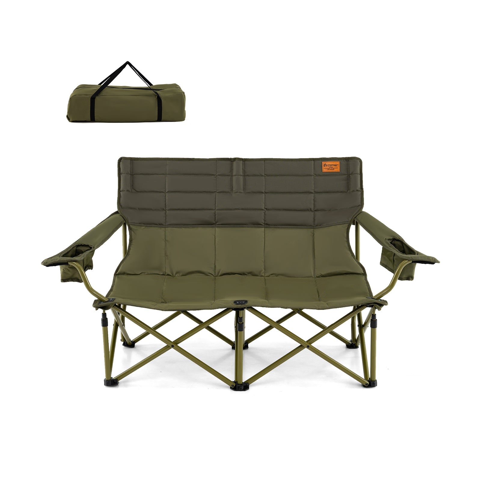 GemGear folding camping loveseat chair with thick padding olive green, cup holders and carry bag on Tampa Home & Garden Store