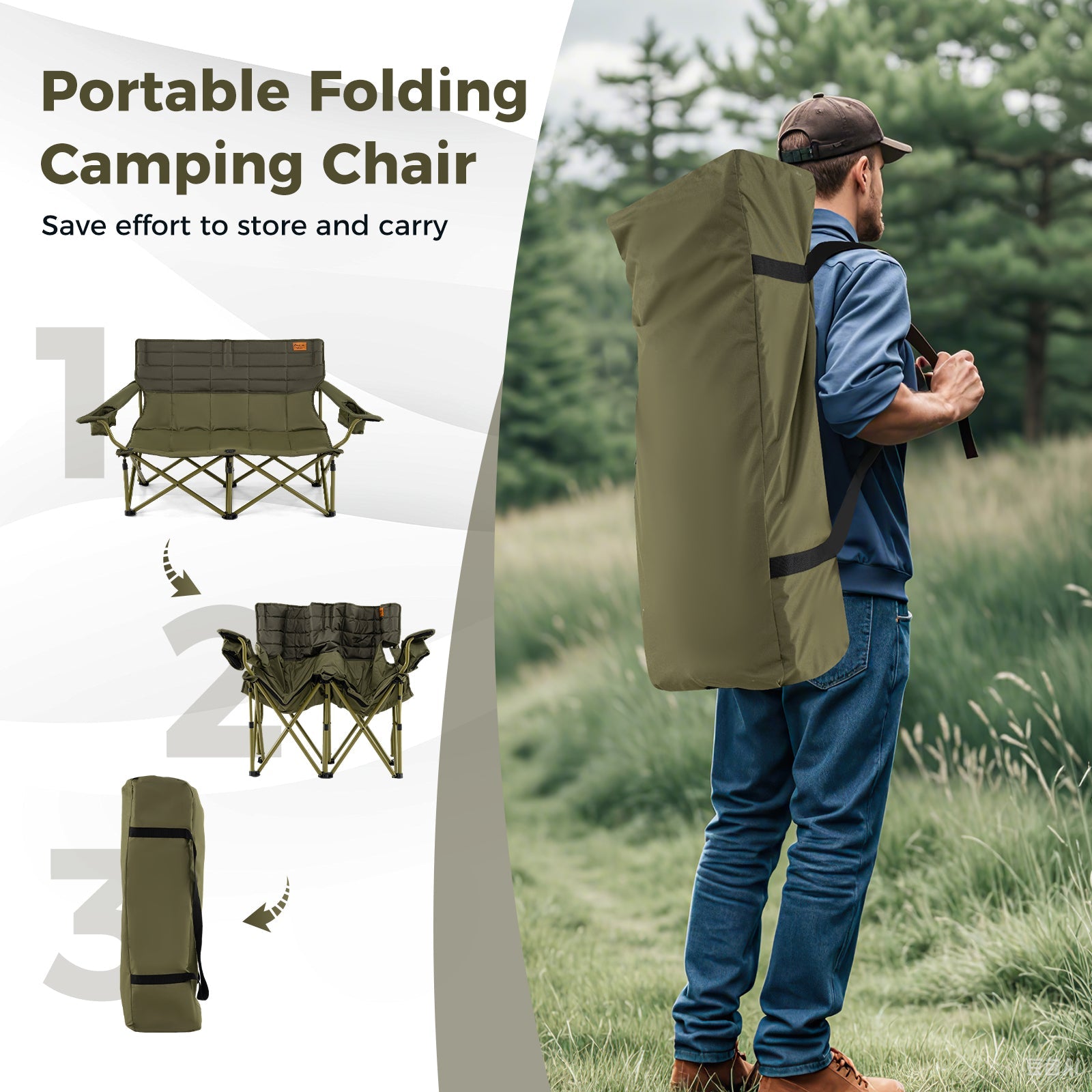 Oversized camping chair folding loveseat GemGear olive green with padding and cup holders on Tampa Home & Garden Store