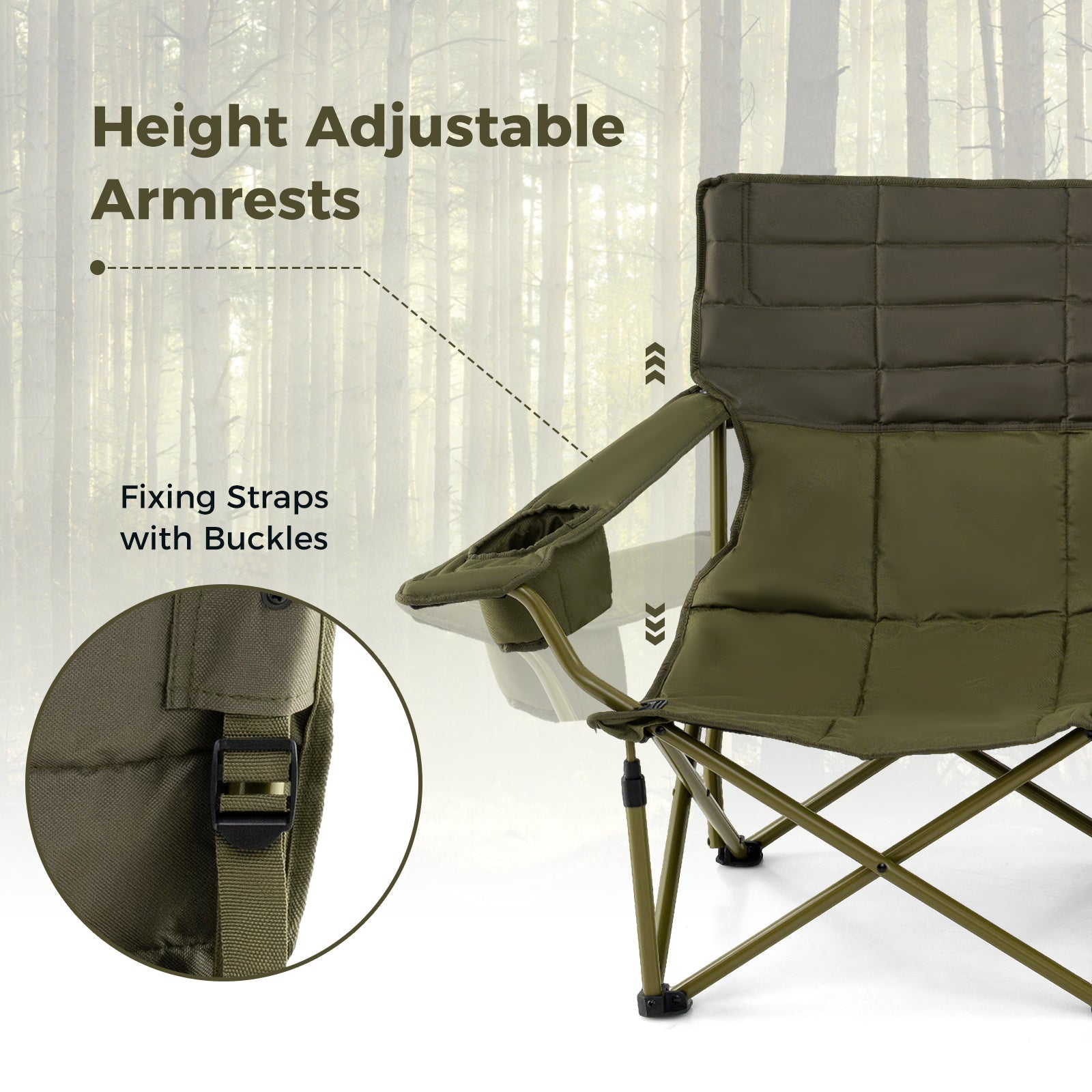 GemGear olive oversized camping chair folding loveseat with thick padding and cup holders on Tampa Home & Garden Store