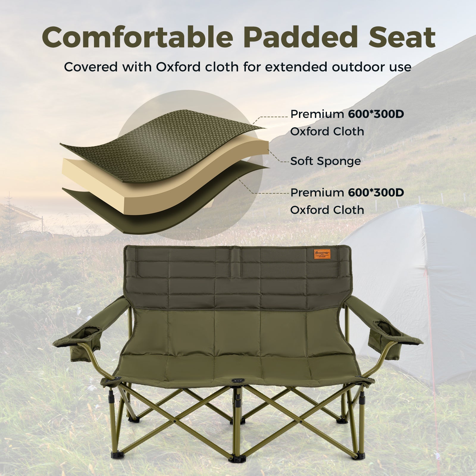GemGear folding loveseat camping chair in olive green with padded cushion and cup holders on Tampa Home & Garden Store