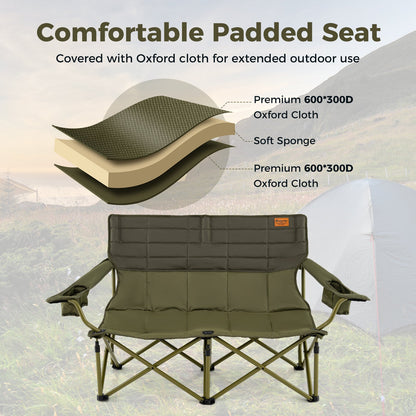 GemGear folding loveseat camping chair in olive green with padded cushion and cup holders on Tampa Home & Garden Store