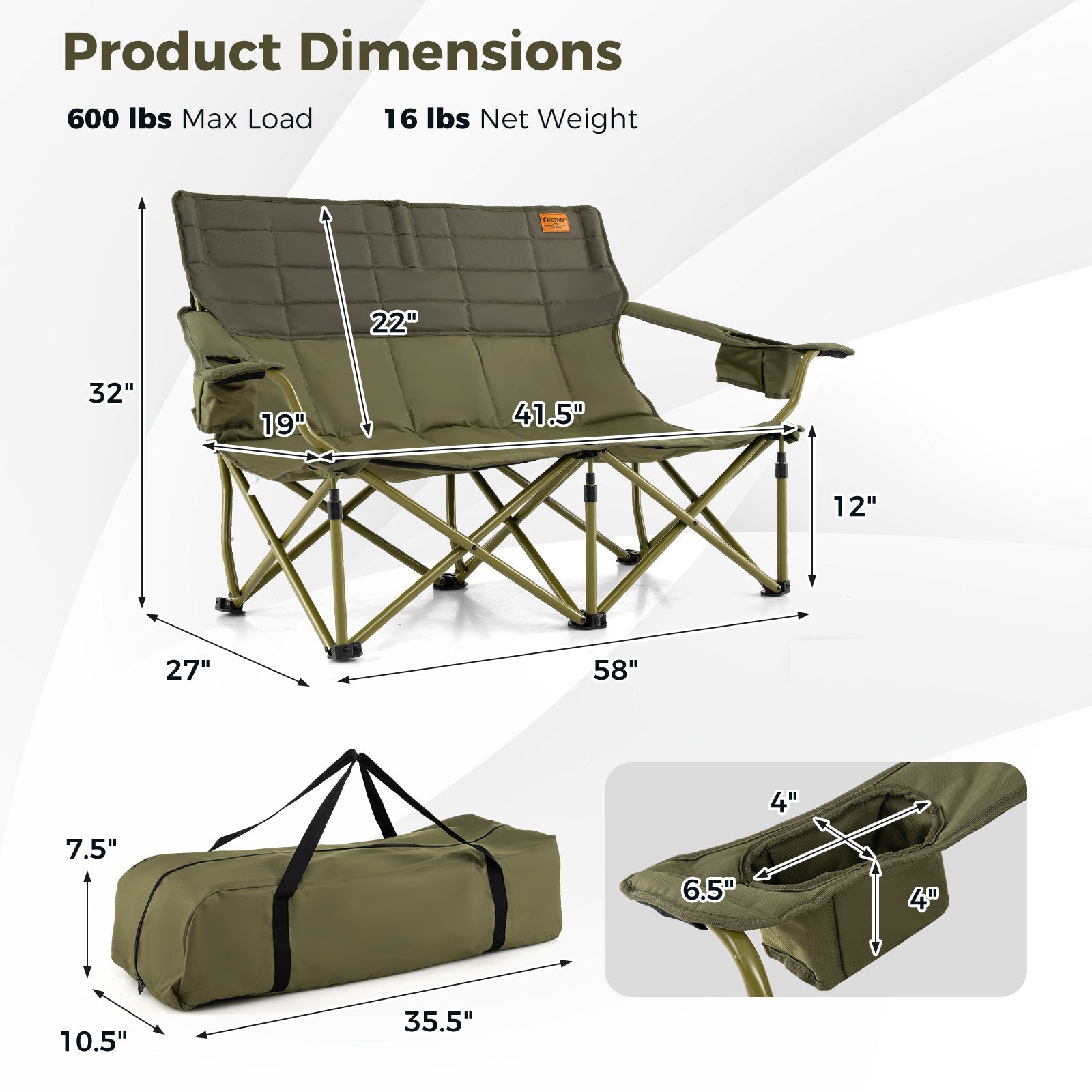 Oversized camping chair loveseat by GemGear olive green with cup holders and thick padding on Tampa Home & Garden Store