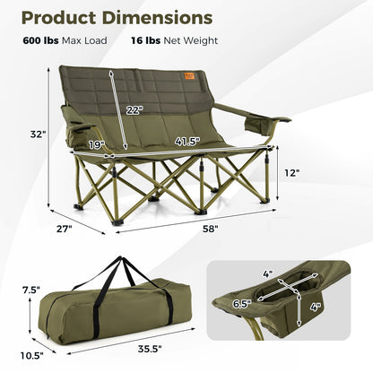 Oversized camping chair loveseat by GemGear olive green with cup holders and thick padding on Tampa Home & Garden Store