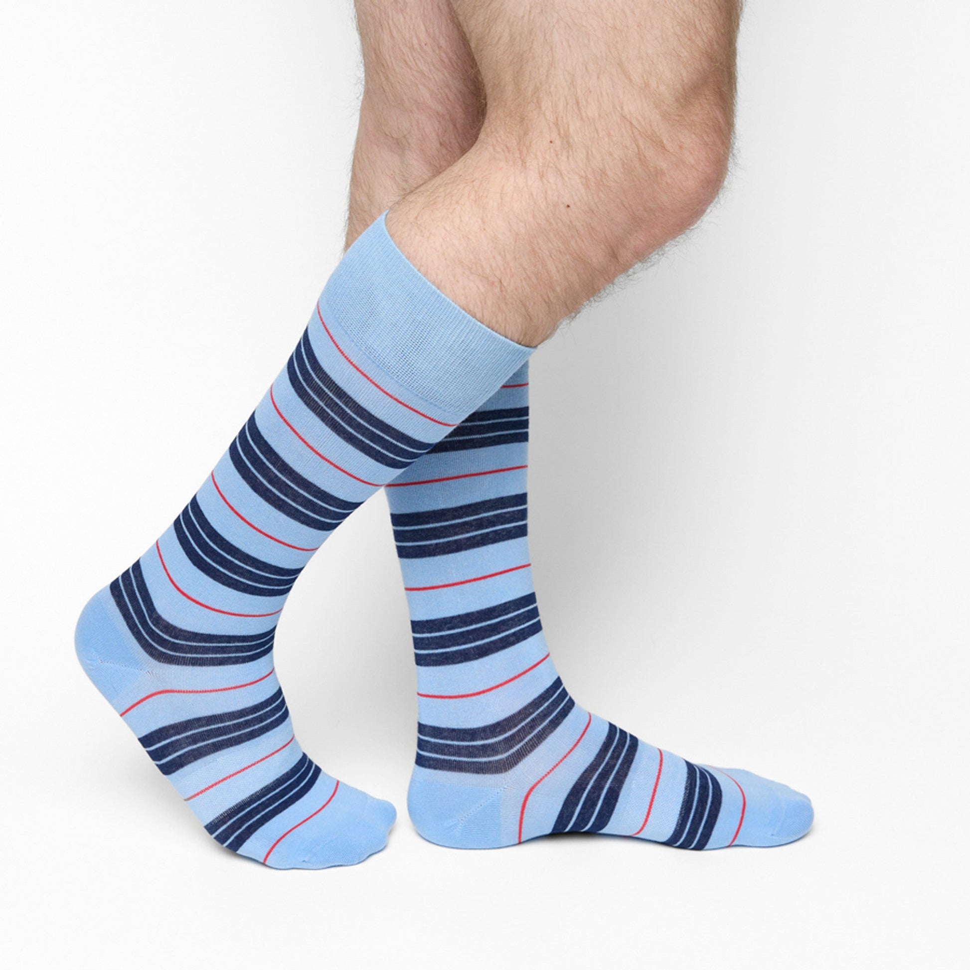 Oxford Dress Sock 3-Pack by DeadSoxy in light blue with navy stripes and red accents, team colorways on Tampa Home & Garden Store