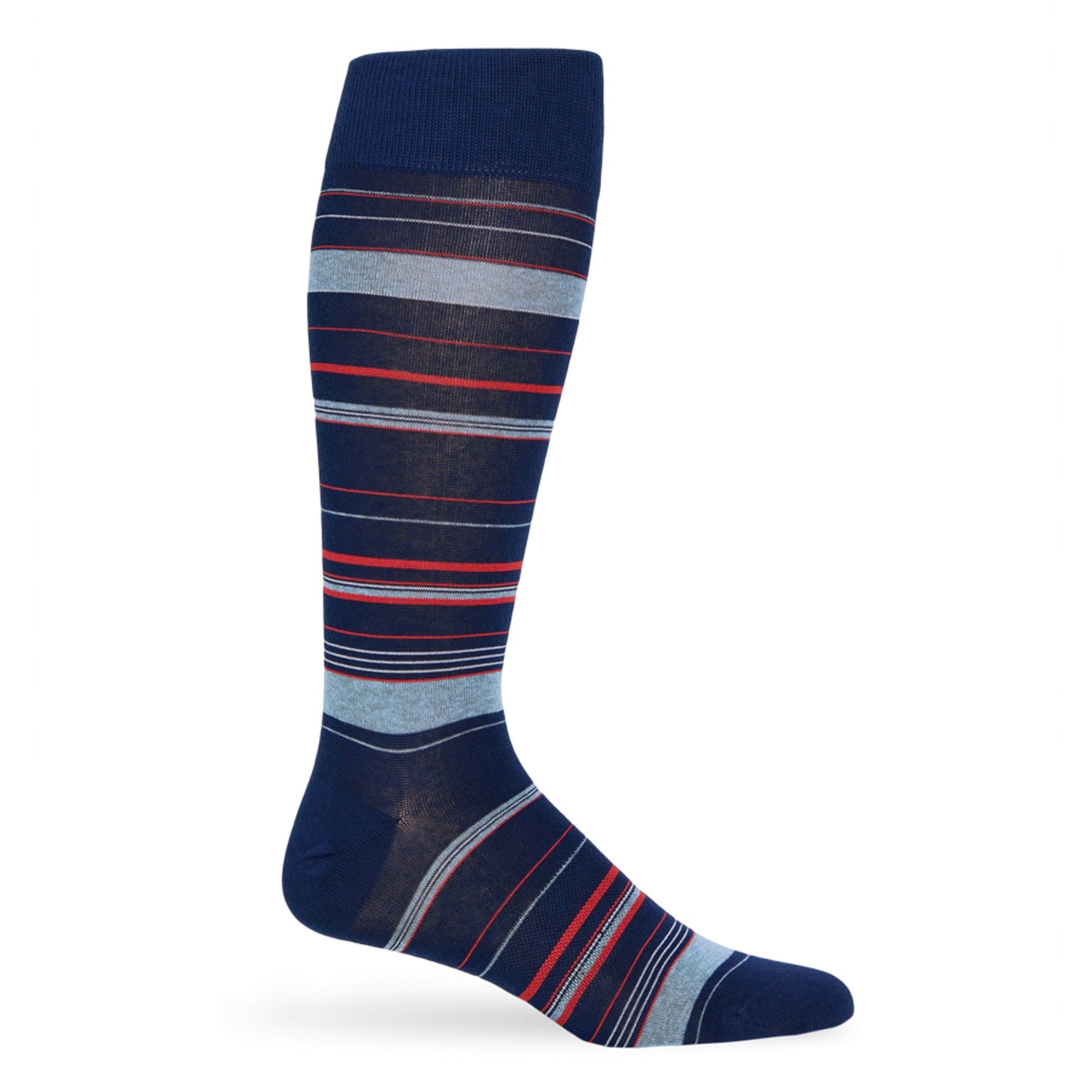 Oxford Dress Sock 3-Pack DeadSoxy navy socks with red and blue stripes on foot on Tampa Home & Garden Store