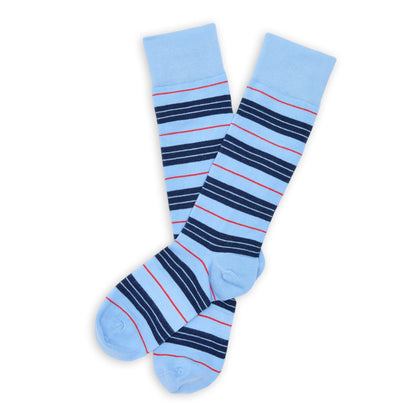 Oxford Dress Sock 3-Pack light blue crew socks with navy stripes and red accents by DeadSoxy on Tampa Home & Garden Store