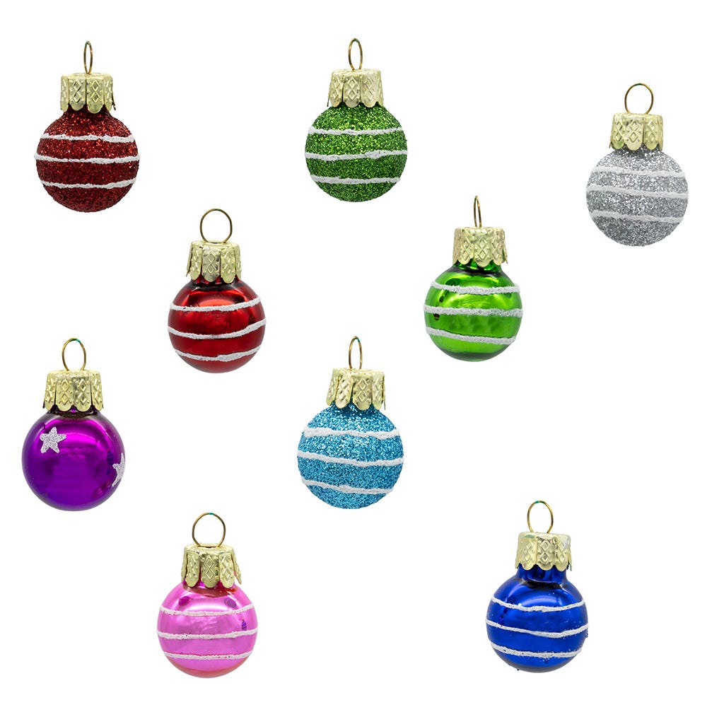 Miniature decorated glass ball ornaments with glitter stripes in assorted colors 25-piece box on Tampa Home & Garden Store