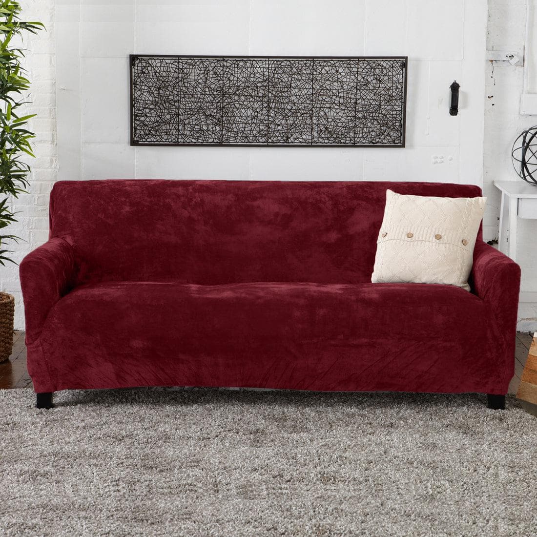 Velvet stretch slipcover for sofa in deep burgundy, Gale Collection by Great Bay Home on Tampa Home & Garden Store