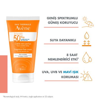Sunscreen Avène fragrance-free SPF50+ cream for dry skin in orange tube, water-resistant on Tampa Home & Garden Store