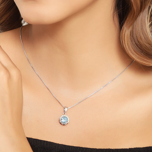Pendant necklace featuring 2.32ct Swiss blue topaz with white diamond halo on silver chain on Tampa Home & Garden Store