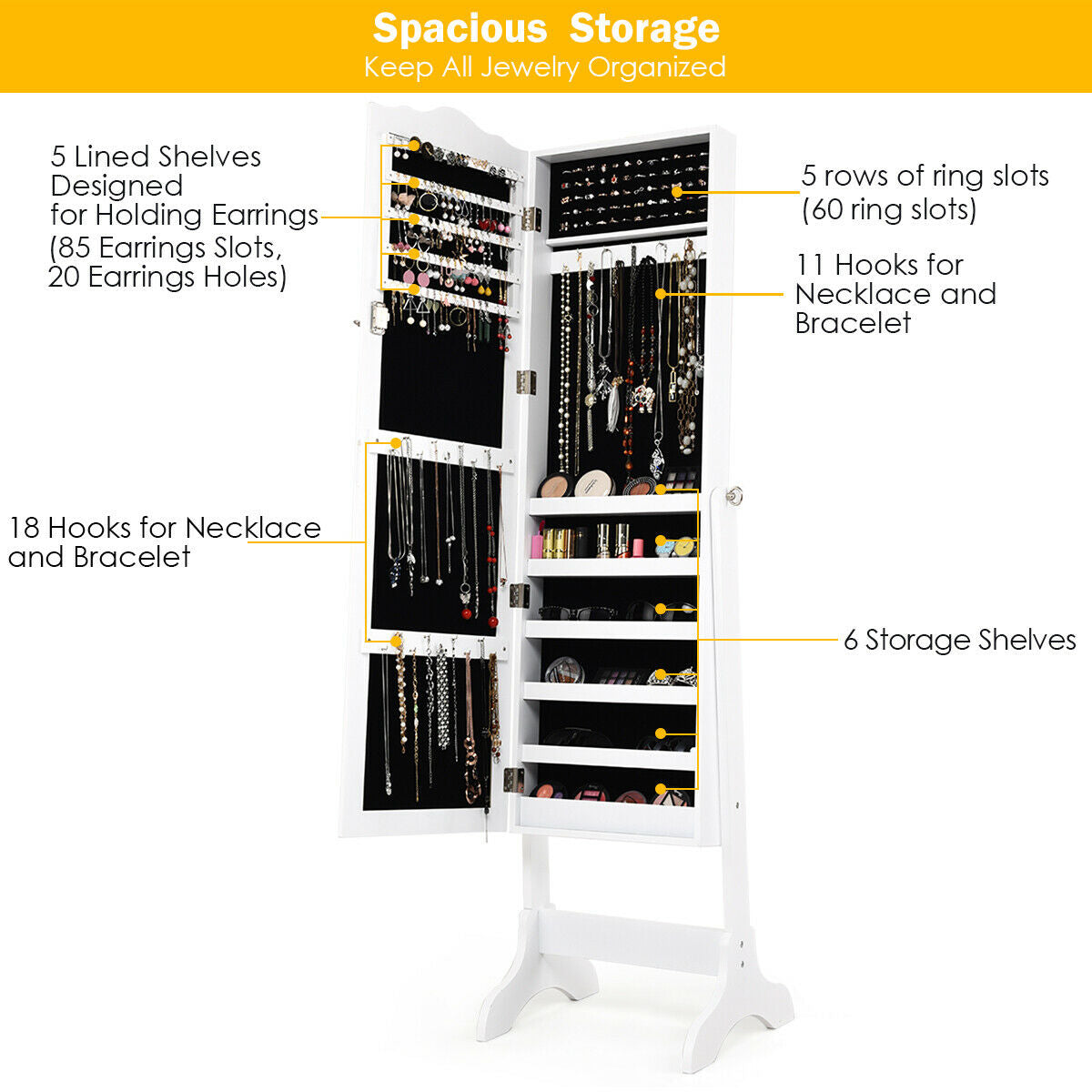 Gabinete de Joyería Inclinable de 4 Ángulos con Espejo y Cerradura, Gran Capacidad de Almacenamiento - Blanco