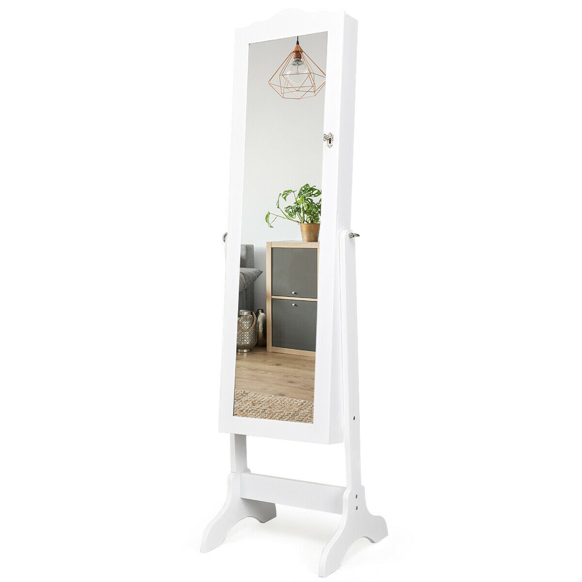 Gabinete de Joyería Inclinable de 4 Ángulos con Espejo y Cerradura, Gran Capacidad de Almacenamiento - Blanco
