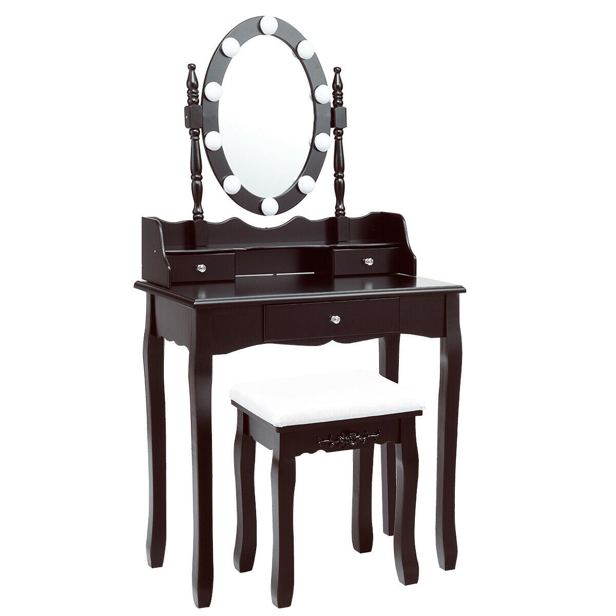 Oval Mirror Vanity Set  with 10 LED Dimmable Bulbs and 3 Drawers-Black