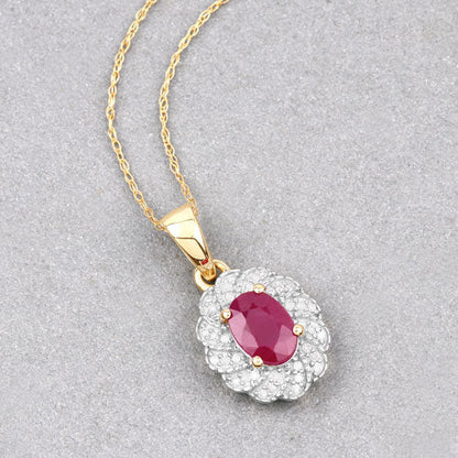 Pendant by Bids.com: 0.95ct genuine oval ruby with white diamond halo in 10K yellow gold on chain on Tampa Home & Garden Store