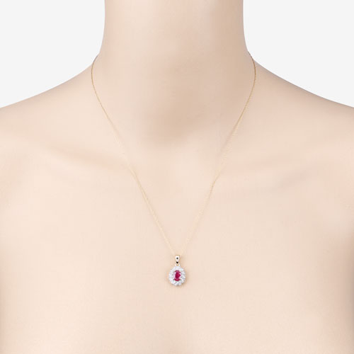 0.95ct ruby pendant with white diamond halo in 10K yellow gold on delicate chain on Tampa Home & Garden Store