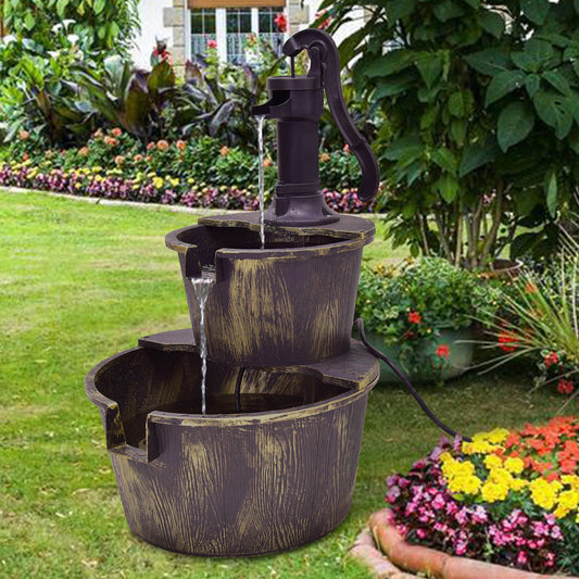 2 Tiers Outdoor Barrel Waterfall Fountain with Pump - Tampa Home & Garden Store