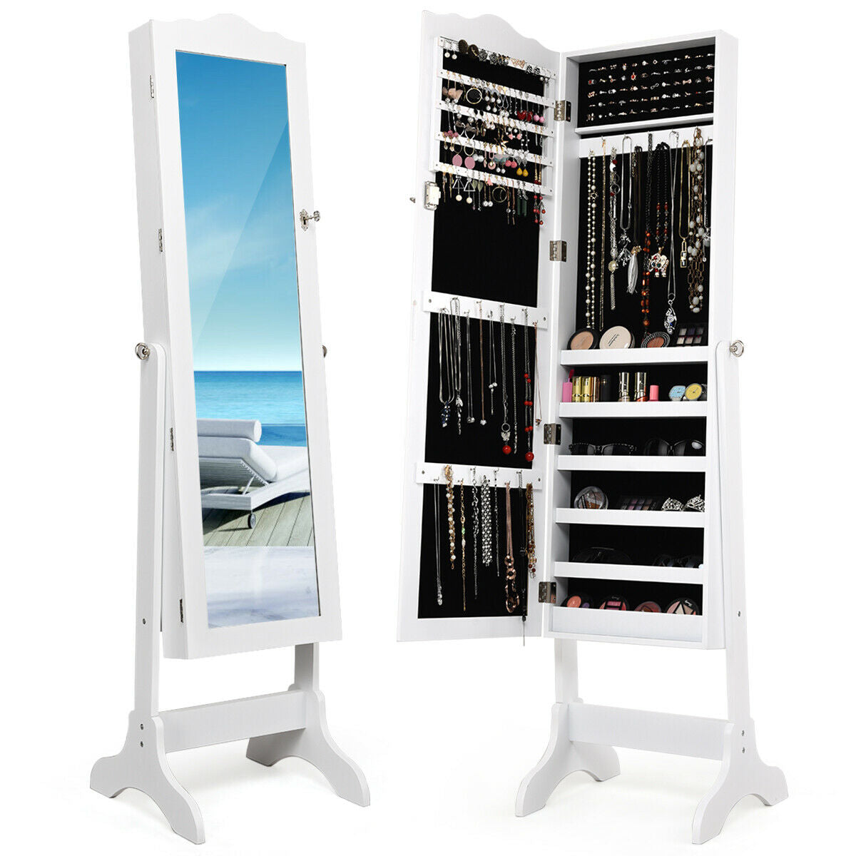Gabinete de Joyería Inclinable de 4 Ángulos con Espejo y Cerradura, Gran Capacidad de Almacenamiento - Blanco