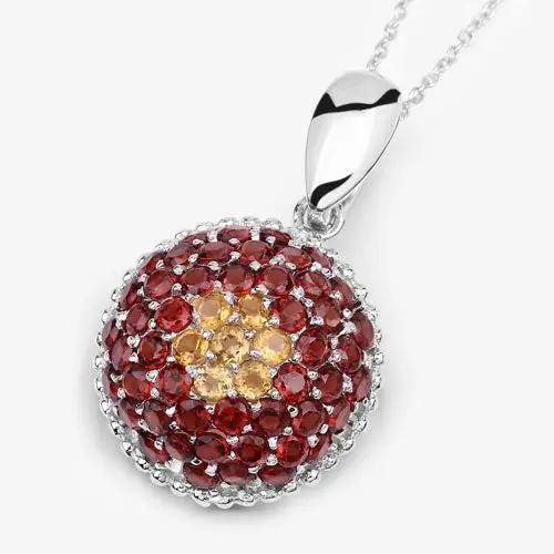 Pendant 4.57ct Citrine & Garnet in .925 Silver with red garnet halo around yellow citrine center on Tampa Home & Garden Store
