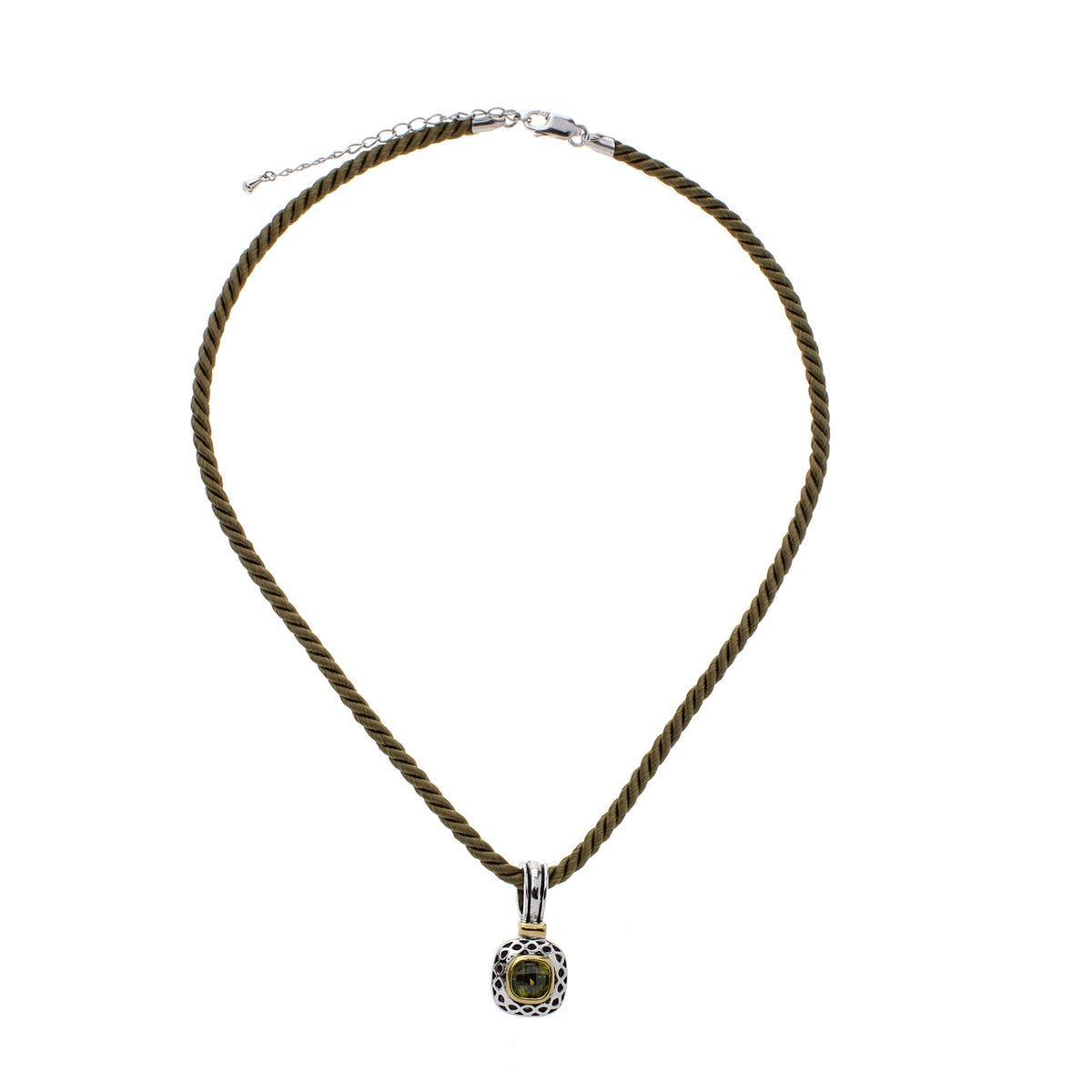 Vintage pendant necklace by Lauren G Adams with lattice frame and green gemstone on cord on Tampa Home & Garden Store