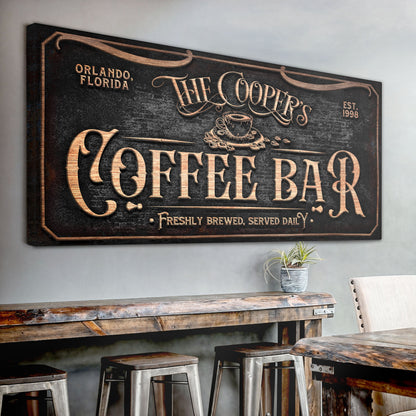 Personalized Coffee Bar Sign canvas with copper foil text on black textured background on Tampa Home & Garden Store