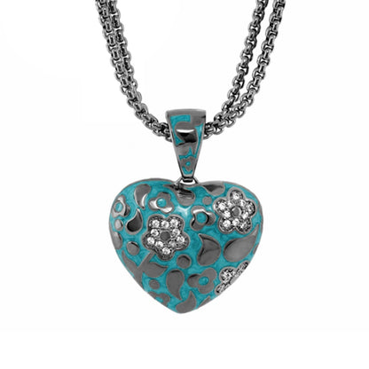 Pendant Flowers by Orly turquoise heart pendant with silver floral motifs and crystals on a chain on Tampa Home & Garden Store