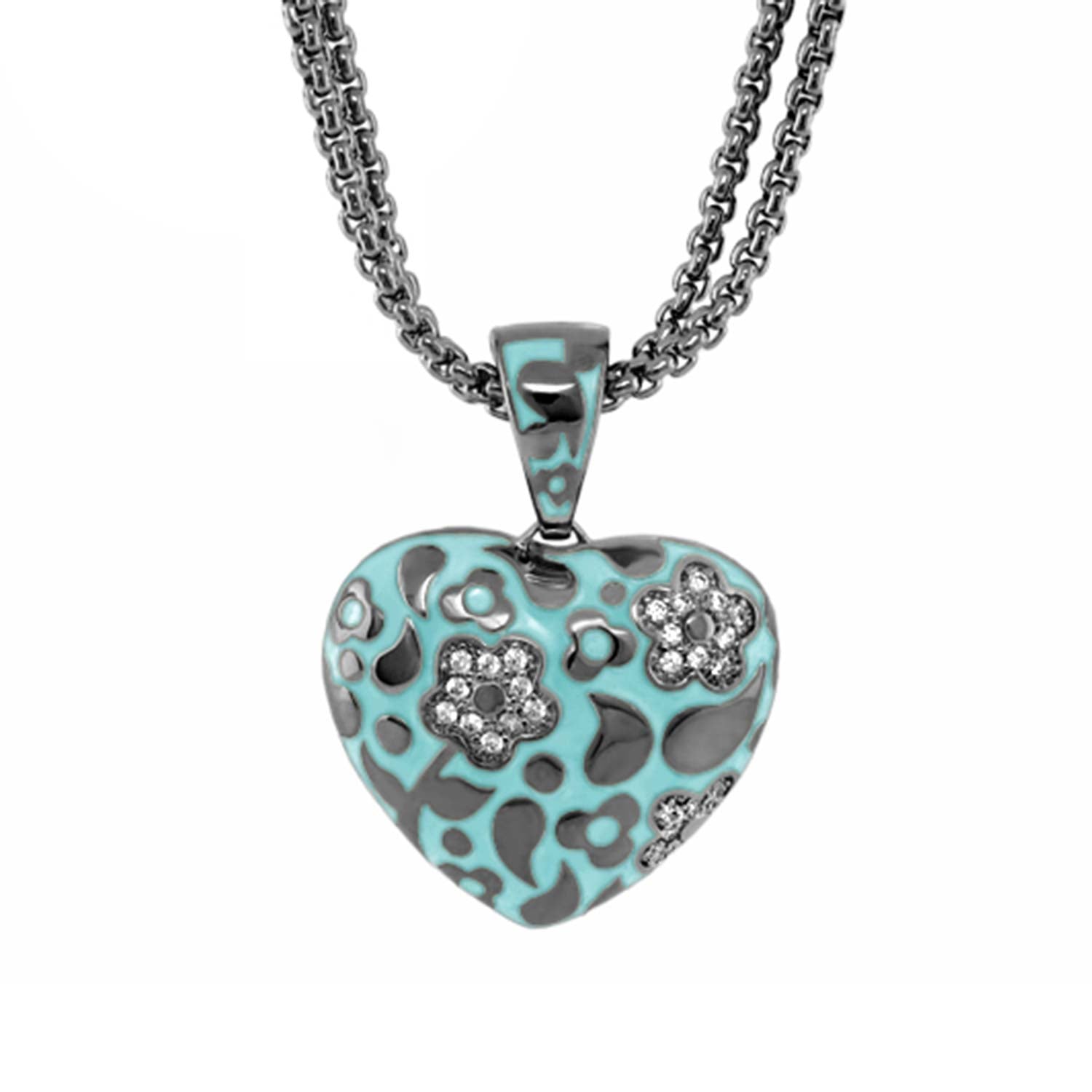 Flowers by Orly Necklace pendant heart with turquoise enamel and crystal flower accents on Tampa Home & Garden Store